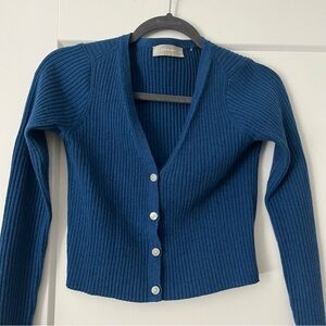 Everlane Blue Ribbed V-Neck Button Cardigan